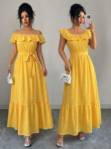 GlowEve Women's Off-Shoulder Ruffle Trim Fitted A-Line Textured Fabric Warm-Toned Yellow Dress, Suitable For Dates, Outings, Beach Vacations, Sleeveless, Maxi Length - Yellow - View 3