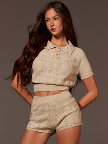 Athîral 女士休闲短袖 Polo 领针织镂空荷叶边短裤套装，燕麦色，春夏款 - 杏色 - 查看 1