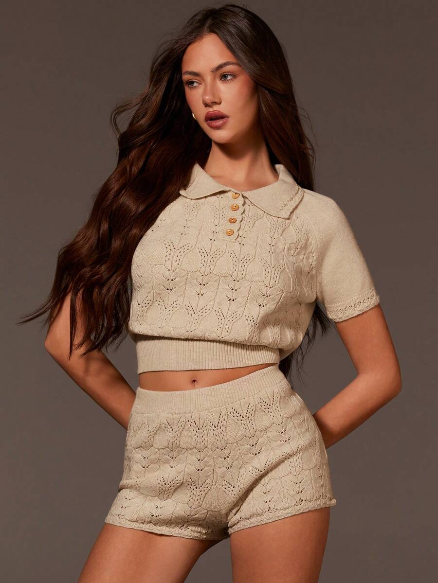 Athîral 女士休闲短袖 Polo 领针织镂空荷叶边短裤套装，燕麦色，春夏款 - 杏色 - 查看 1