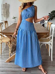 Breezaya Women's Romantic Hollow-Out Striped Dress, Suitable For Spring/Summer Vacation And Outdoor Wear - Blue - View 8
