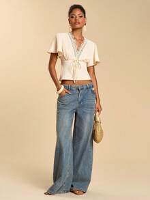 Travachic Women's Romantic Lace Trim Tie Front Cropped Shirt, Summer - Pink - View 3