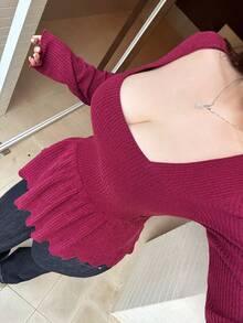 Dazy Plus Elastic Fitted Square Neck Cinched Waist Cropped Fuchsia Elegant Long Sleeve T-Shirt, Spring/Autumn - Hot Pink - View 5