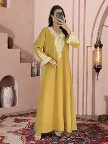 Al Najma Women's Loose Embroidered Beaded Robe For Ramadan - Mustard Yellow - View 7