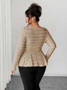 Elenzga 大码女装新款春夏秋季休闲通勤旅行衬衫，纹理面料，不对称下摆，喇叭袖，侧边金属装饰设计，秋季款 - 卡其色 - 查看 2