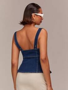 COSMINA Women's Elegant Sleeveless Zip-Up Waist Fitted Denim Blouse, Versatile For Date, Commute And Casual Wear, Early Spring - Dark Wash - View 2