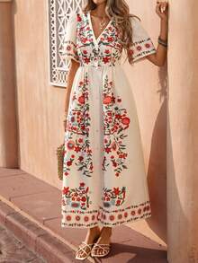 Flora Isola Flora Isola Vestido largo con cuello en V para mujer, vestido casual suelto con estampado floral de moda y manga corta, adecuado para salir, ir al trabajo y vacaciones en verano - Multicolor - Ver 3