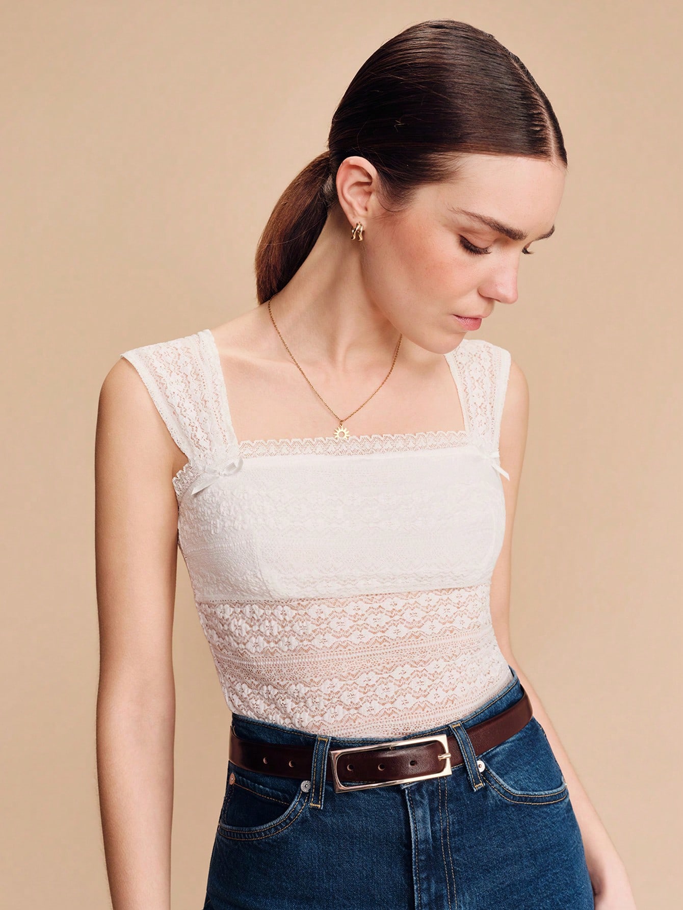 Top Quadrada Sem Mangas de Renda Branca Elástica, Estilo Boho, Primavera Verão, Fofa, Romântica, Estilo Francês, Estilo Parisiense