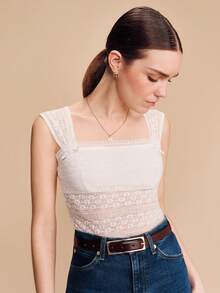 lacRébo White Lace Stretch Square Neck Sleeveless Top Boho Spring Summer Cute Romantic French French Style Parisian Style - Beige - View 3