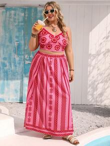 Vivid Eden Plus Size Women V-Neck Camisole Top & High Slit Maxi Skirt,Pink Boho Striped Print 2-Piece Set,Summer Beach Holiday Outfits,Criss-Cross Back Sundress - Hot Pink - View 6