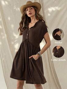 Wildy Women's Dark Brown Boho Summer Dress,American Western Country Vintage Daily Basic Outfits With Pockets,Short Sleeve Vacation Holiday Spring Dress - Coffee Brown - View 1