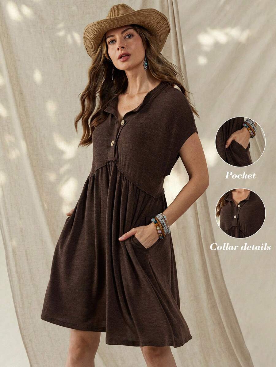 Wildy Women's Dark Brown Boho Summer Dress,American Western Country Vintage Daily Basic Outfits With Pockets,Short Sleeve Vacation Holiday Spring Dress - Coffee Brown - View 1