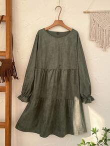 EMERY ROSE Plus Size Green Color Long Sleeve Casual Dress, Autumn/Winter,2025 New, Thanksgiving, Thanksgiving Outfit For Women - Army Green - View 7