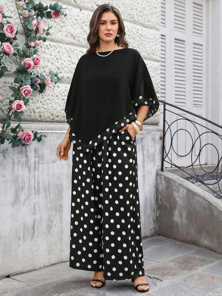Plus Size Women Black And White Polka Dot Patchwork Asymmetric Hem Top And Wide Leg Pants,Elegant 70's Summer Vacation Party Casual 2 Pieces Set