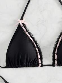 SHEIN Swim 夏季沙灘女性純色比基尼套裝，頸帶飾有蝴蝶結，適用於泳池和度假 - 黑色 - 查看 6