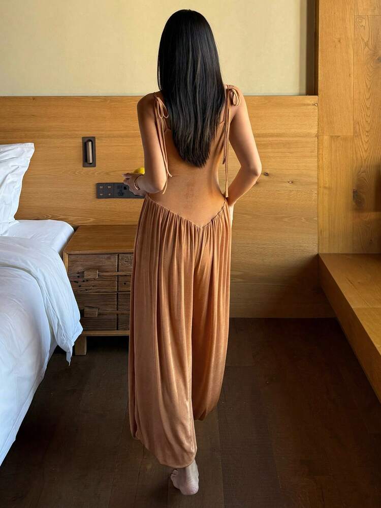 Women's Charming Tie Shoulder Bandeau Waist Jumpsuit Pajamas