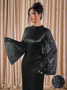 Elenzga Vestido Plus Size Com Mangas Assimétricas Em Patchwork Pu E Chiffon, Elegante Para Passeios, Festas, Encontros, Reuniões E Eventos Formais. - Preto - Ver 6