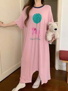 DAZY Cute Balloon Elephant English Graphic Loose Short Sleeve Women Pajama Jumpsuit - Pink - View 8