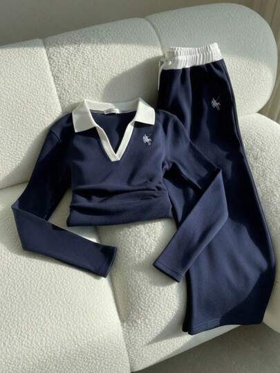 Teen Girl Knight Print Contrast Color Ruffle Collar T-Shirt And Wide Leg Pants Casual Outfit