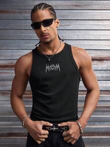 AXEPEAK Men's Casual Graphic Print Street Style Round Neck Tank Top, Summer - Black - View 3