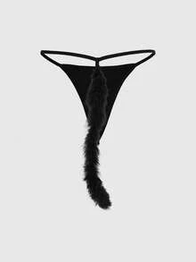 ROMWE Gothic Furry Tail Thong Panties, Sexy Lingerie - Black - View 2
