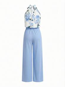 Ellevyn Women's Floral Print Halter Top And Pants Fashion 2 Pieces Set, Vacation - Baby Blue - View 3