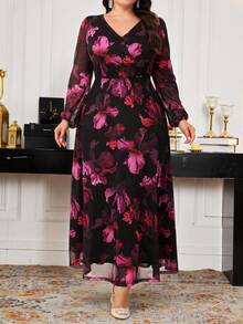 SHEIN CURVE+ Váy dạ hội dài tay cổ chữ V in hoa cỡ lớn/2026/Năm mới - Màu Đỏ Sâu - Xem 7