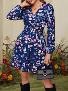 Amorya Robe courte élégante à col V et taille cintrée avec imprimé floral, coupe flatteuse pour un port quotidien - Multicolore - Voir 4