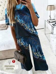 SHEIN LUNE 女士休闲波浪印花短袖上衣和裤子两件套 - 彩色 - 查看 3
