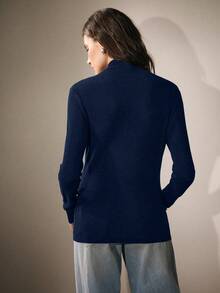 Anewsta Embellished Rhinestone Half High Neck Long Sleeve Knit T-Shirt, Elegant Blouse For Women, Autumn/Winter Outfit - Navy Blue - View 2