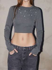 Maija Women's Gray Versatile Modern Urban Casual Fashion Design Shiny Rhinestone Accent Dropped Shoulder Long Sleeve Cropped Top, All Season Hippie - Grey - View 7