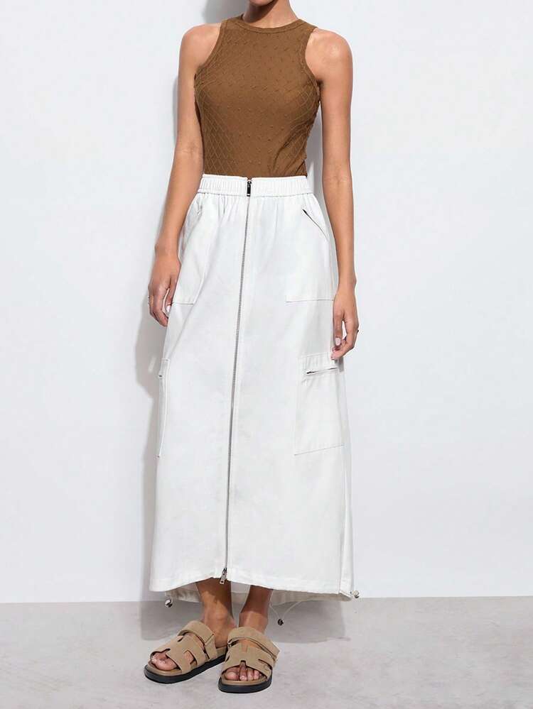 SHEIN Maija 2025 Summer New Metal Double-Zipper Cargo Skirt, Outdoor Mountain Series, White Twill, Beach Resort, Casual, Romantic Urban, Natural Fiber, Suitable For Outings, Gatherings, Weddings, Guests, Vintage Style, Graduation Season