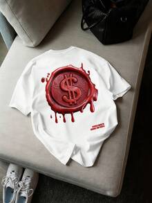 Manfinity EMRG 男士休闲日常通勤时尚街头美元邮票字母印花短袖白色T恤，夏季 - 白色 - 查看 2