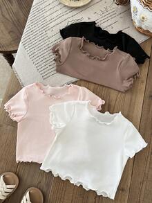 SHEIN LMoss Kids 4件組女嬰純色針織荷葉邊上衣套裝，嬰兒上衣，女嬰上衣，女嬰 - 彩色 - 查看 6