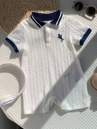 SHEIN Unisex Newborn Baby Boy/Girl Cute Contrast Color Patchwork Polo Collar Short Sleeve Romper, Spring/Summer Baby Boy Clothes, Outfits