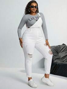 SHEIN SXY Plus Size Women Pocket Distressed Skinny Casual Bib Overall Jumpsuit - White - View 4