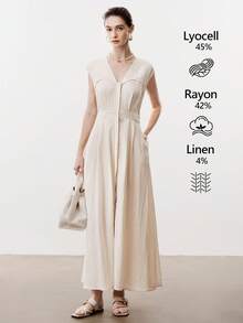 Aalyst Đầm maxi nữ màu trơn cổ chữ V, eo xếp ly, cạp chun điều chỉnh được, cài cúc phía trước, có túi, không tay, kiểu Pháp cổ điển thanh lịch, thích hợp cho công sở, đi làm, kinh doanh, thường ngày, nghỉ lễ, tiệc trà chiều, dạo phố, phong cách retro đơn giản, phong cách Úc thư giãn, bohemian, thường nhật, mùa xuân/hè. - Màu be - Xem 3