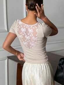 DAZY Camiseta interior elegante de manga corta, cuello redondo y ajuste ceñido con encaje de contraste para mujer, primavera/otoño - Gris - Ver 5