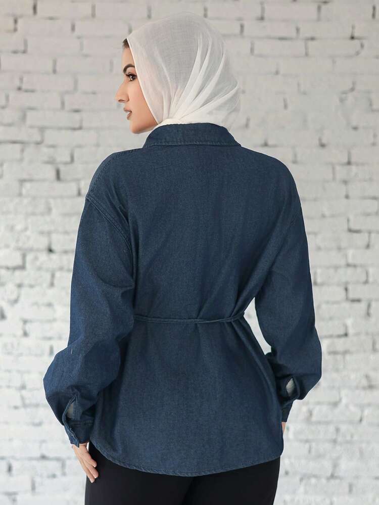 Women's Western Style Solid Color Tie-Up Loose Turndown Collar Long Sleeve Casual Denim Blouse, Spring & Summer