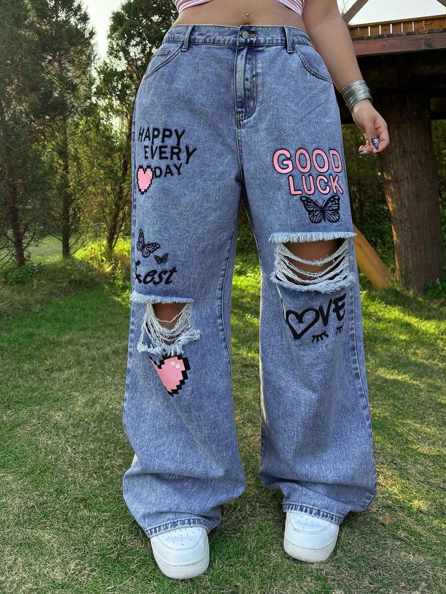 SHEIN MOD 大码宽松直筒破洞蓝色牛仔裤 - 中等水洗藍 - 查看 1