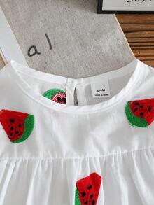 SHEIN Vintaside Kids Baby Mädchen Wassermelonen Stickerei Rundhals Rüschen Kurzarm Top und Jeans Hose Lässig Outfit - Weiss - Übersicht 7