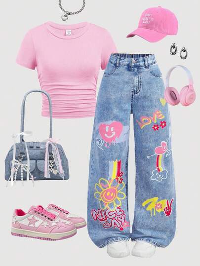 Girlism Girls' Oversized Blue Denim Pants With Heart, Smiling Face & Floral Graffiti Print