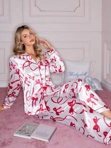 Heart & Bow Cute Girl/Women Pajama Set - Burgundy - View 6