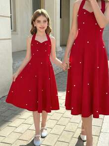 SHEIN Vestido elegante con cuello de halter con cuentas para niñas preadolescentes - Rojo - Ver 5