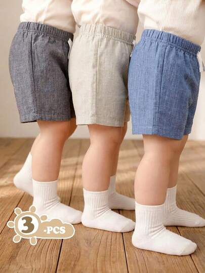 SHEIN Vintaside Kids 3件套男婴纯色弹力腰休闲短裤，夏季