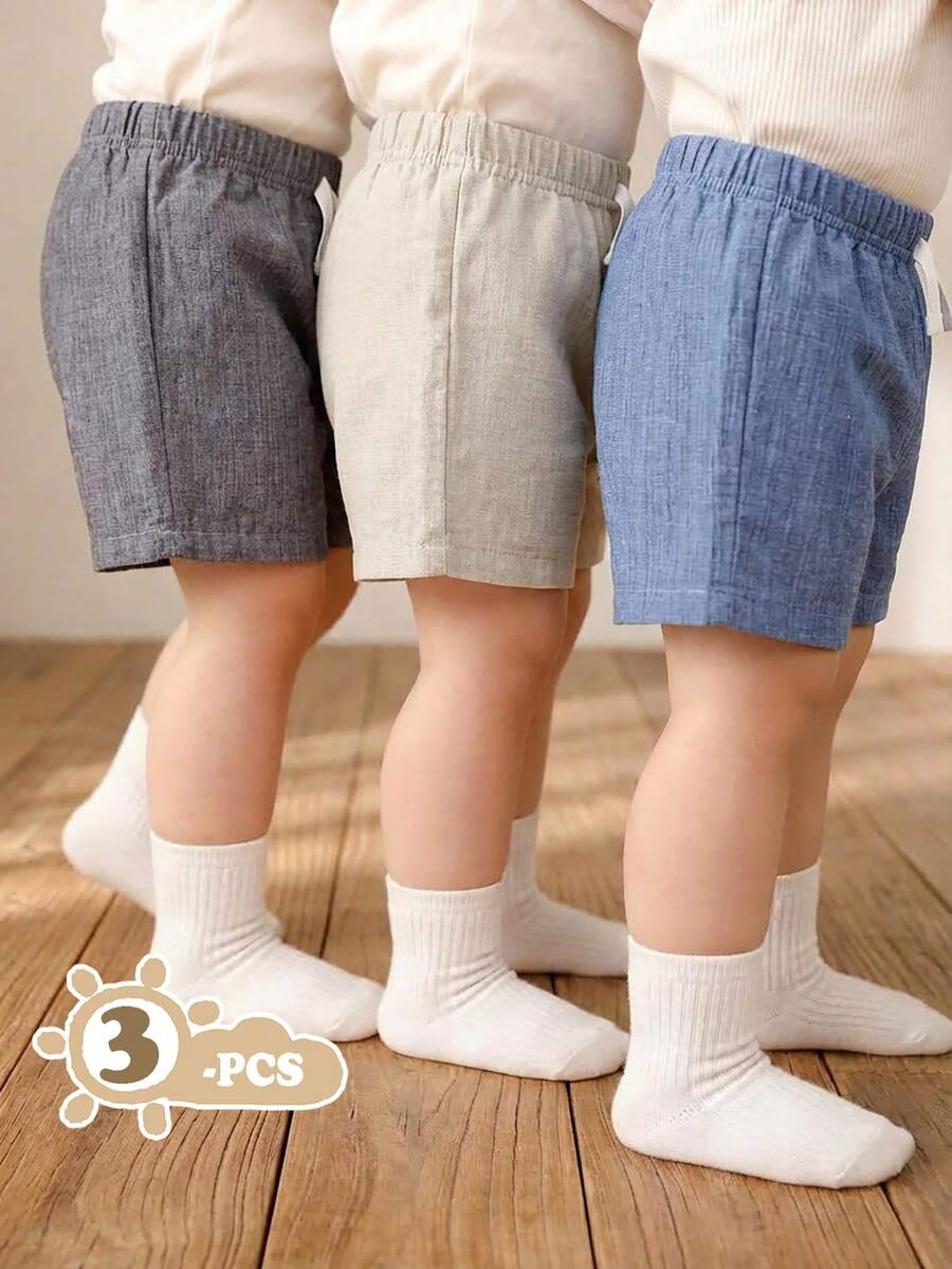 SHEIN Vintaside Kids 3pcs Baby Boy Solid Color Elastic Waist Casual Shorts,Textured Fabric Loose Sportswear For Beach Vacation,Park Outing,Daily Wear,Spring Summer Wear