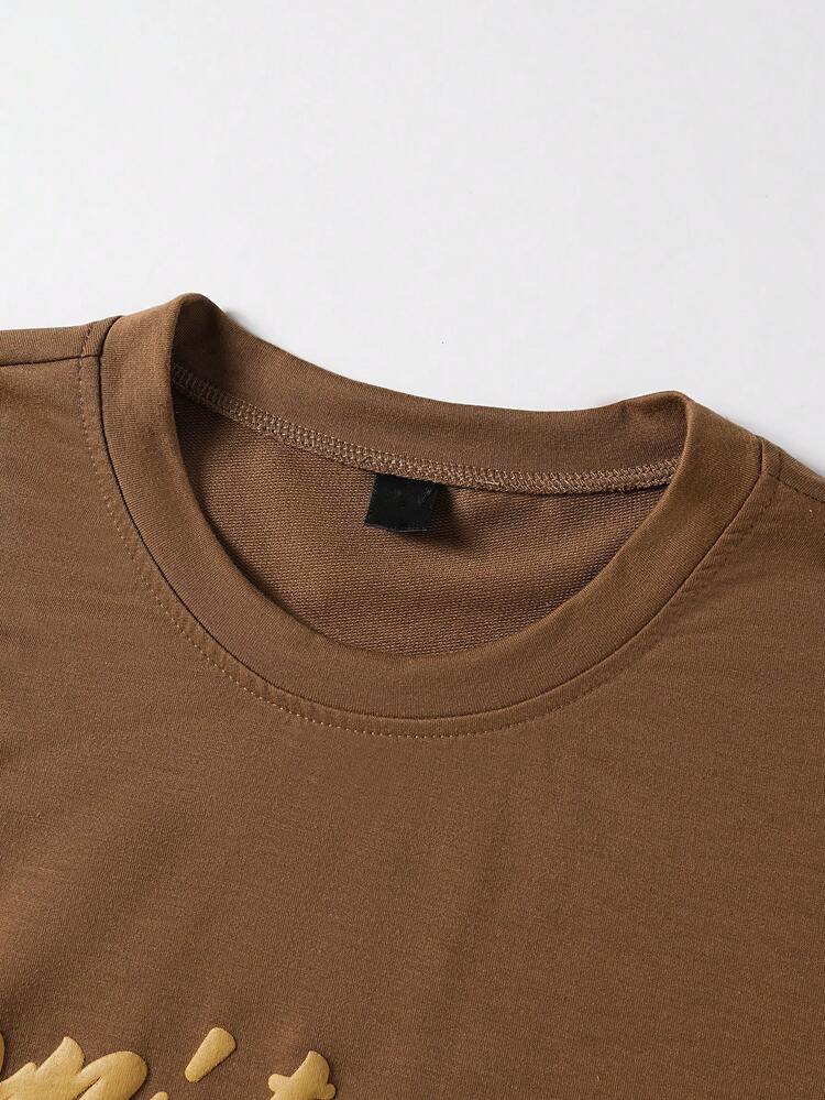 TOKVUE 男士休闲标语印花短袖T恤，夏季 - 棕色 - 查看 3