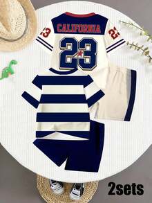 4件套幼儿男童休闲时尚创意熊头、条纹、加州23号、星星、字母印花短袖T恤和短裤，舒适日常穿着，温暖夏日风格，适合春夏穿着 - 彩色 - 查看 2