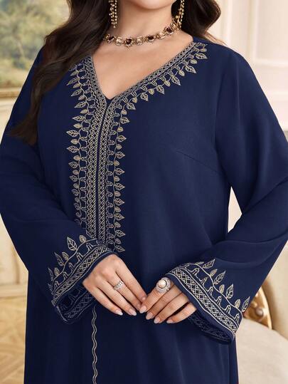 Al Najma 大码女式春秋季休闲度假风花卉刺绣V领喇叭袖宽松阿拉伯传统长裙