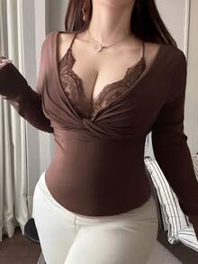 REIGN AVE Plus Size Fitted Solid Color Contrast Lace Cropped Long Sleeve Versatile T-Shirt Going Out Tops Women - Brown - View 5