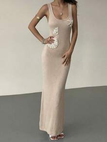 Aloruh Đầm mini ôm sát không tay đính sequin hình sao biển và vỏ sò mùa hè, gợi cảm và quyến rũ, thích hợp cho kỳ nghỉ biển xuân/hè, lễ hội âm nhạc, hẹn hò hàng ngày. - Màu be - Xem 4